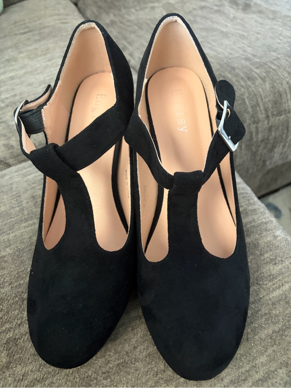 Black Suede T-Strap Heels with Ankle Buckle